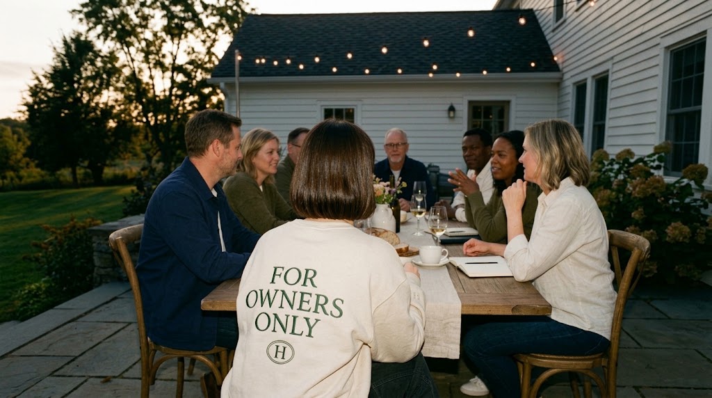 Owners around the table at an outdoor Owner Dinner, one in a For Owners Only sweatshirt