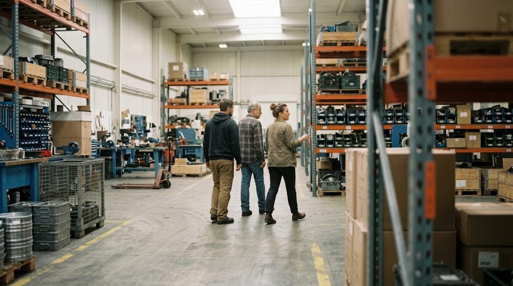 Two generations walking the warehouse floor with a successor